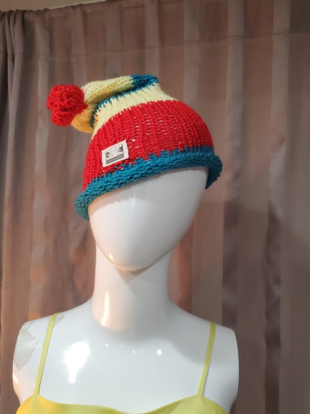 Colorblock Pom Pom Knit Beanie - Red, Yellow & Teal